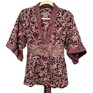 Women's M Asian Kimono Maroon‎ Pink Blouse Top Floral Belted Boho Ethnic Cotton